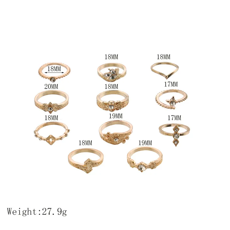 VAGZEB Vintage Crystal Flower Rings For Women Fashion Retro Geometric Gold Color Knuckle Ring Set Statement Jewelry Gifts