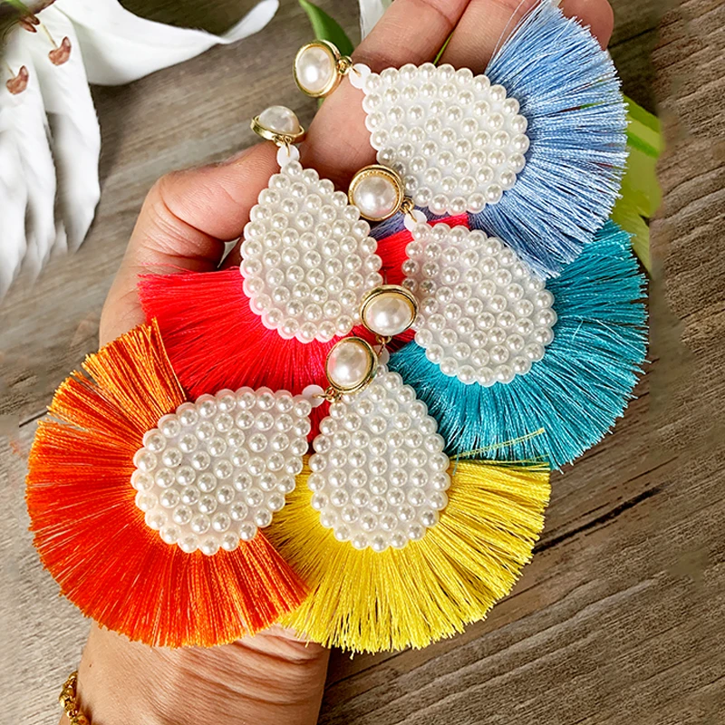 

Pearl Crystal Drop Earrings Long Beaded Tassel Dangle Earrings Bohemian Statement Earrings Wedding Party Jewelry Wholesale