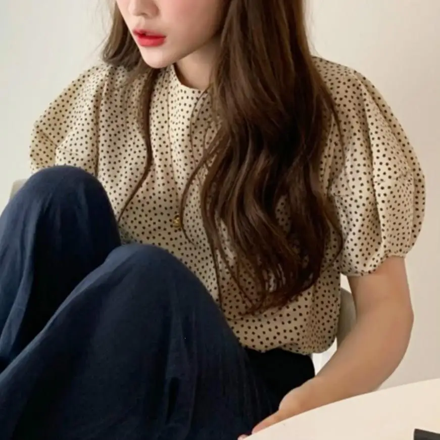 2022 Vintage Women Summer Puff Sleeve Polka Dot Shirts Short Korean Elegant O-Neck Blouse