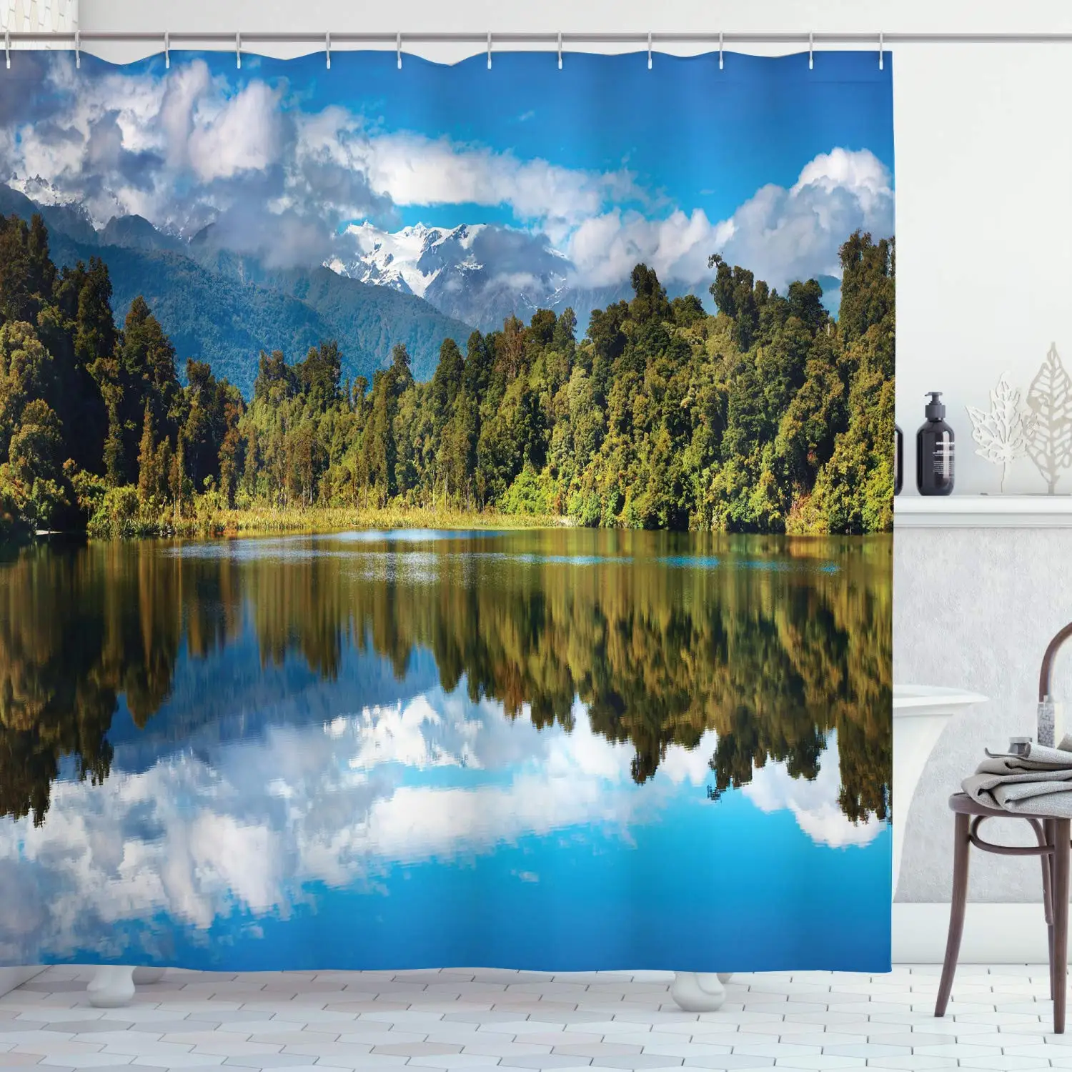 

Landscape Shower Curtain, Mirror Reflection on Lake by The Forest with Cloudy Sky in Southern Alps, Cloth Fabric Bathroom Decor