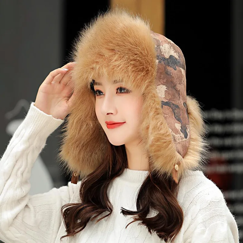 2020 Winter Warm Windbreak Bomber Hats Men Women Camouflage Earmuff Caps Fluffy Fur Fashion Ski Mask Aviator Hat 5 Colors | Аксессуары