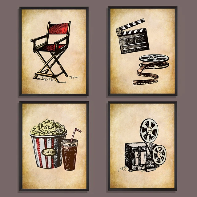 Vintage Movie Theater Wall Art, Home Theatre Feature Canvas Decor, Classic  Film Reel Cinema Popcorn Posters, Retro Home Movie Theater Media Room Bar