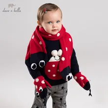 DBM11687-2, dave bella, осенняя одежда для маленьких девочек, красный жаккард, хлопковые шерстяные перчатки, шарф