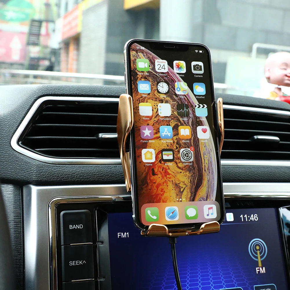 R1 автомобильное беспроводное зарядное устройство автоматическое зажимное инфракрасное Индукционное Qi Беспроводное зарядное устройство Автомобильный держатель для телефона крепление для iPhone huawei