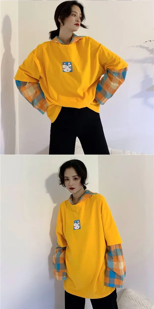 Harajuku модные толстовки для женщин топы Осень корейский стиль Ulzzang Лоскутная свободная толстовка с капюшоном женские толстовки