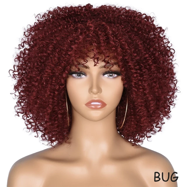 Short Hair Afro Kinky Curly Wig With Bangs Loose Synthetic Cosplay Fluffy Natural Wigs For Black Women Dark Brown 10