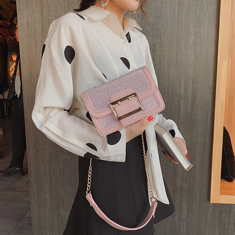 

2019 New Korean Joker Messenger bag chain shoulder bag rhinestone fashion small square bag