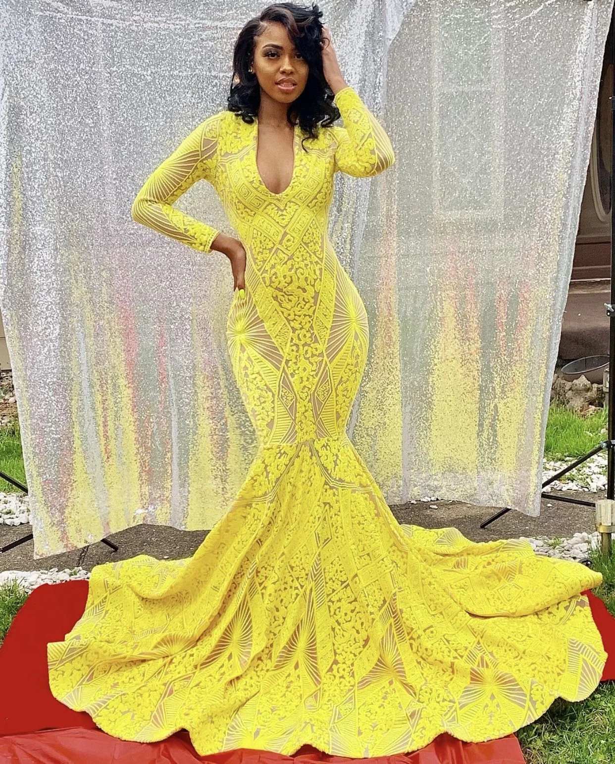 long sleeve yellow lace prom dress Yellow Beaded Lace Satin Prom Dresses Long Sleeve V-Neck Formal Dress vigocouture