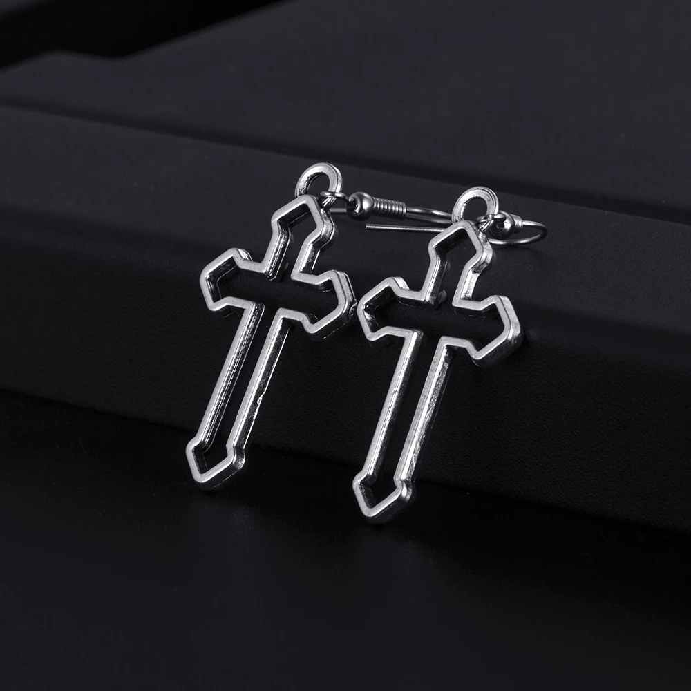 Trendy Vintage Cross Shape Dangle Antique Silver Plated Earrings for Women Girl Retro Drop Earrings Cute Earring Jewelry Bijoux