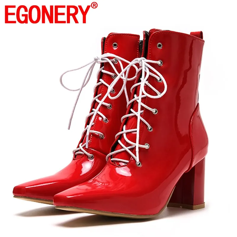 

EGONERY fashion office ankle boots winter red apricot white black Patent leather wedding shoes high heels pointed women's shoes