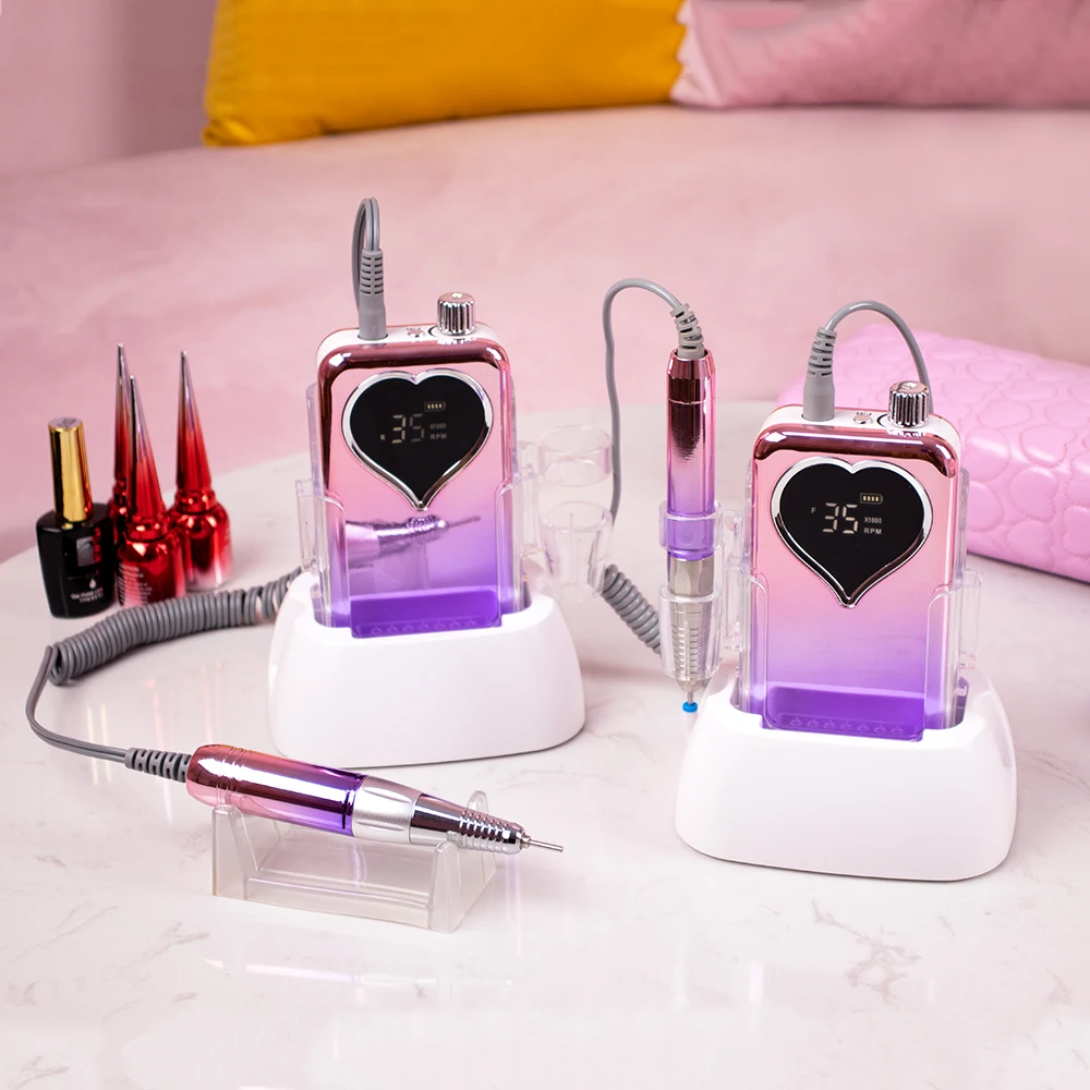 Purple Portable Cordless Nail Drill Machine 35000RPM Rechargeable Manicure Electric Nail File Drill 35000 Battery with Base 2