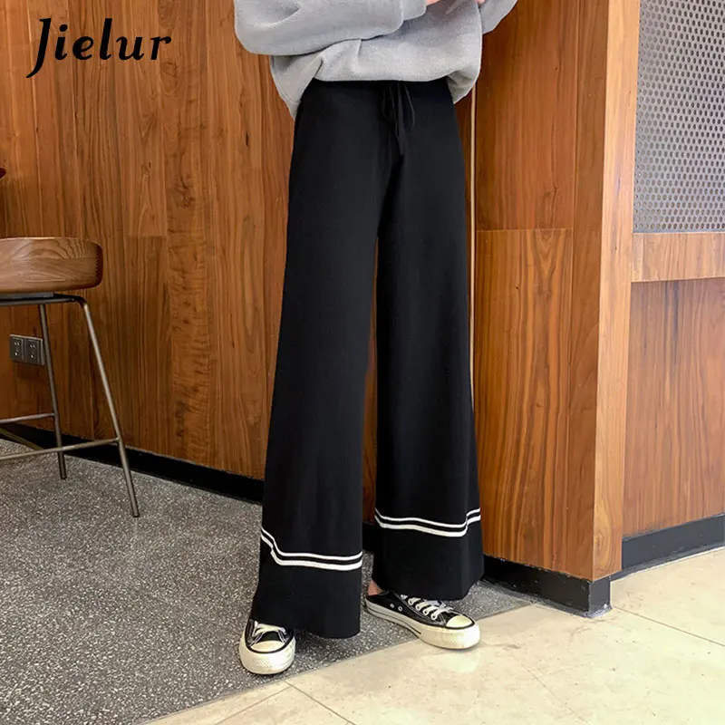 Jielur осень Pantalones Mujer Cintura Alta НОВЫЕ шикарные обтягивающие свободные трикотажные джоггеры женские широкие черные Простые штаны - Цвет: Черный