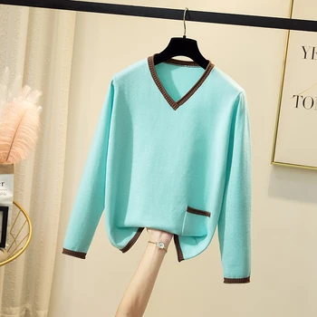 

COIGARSAM 3XL Plus Size Knitting blouse women New Spring V-Neck blusas womens tops and blouses Black Light Green 1989