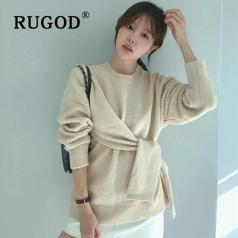 Свитер женский RUGOD, модный свитер с открытыми плечами, на шнуровке, женский, корейский, круглый вырез, длинный рукав, толстый зимний свитер, шикарный вязаный пуловер, Pull Femme кофта женская