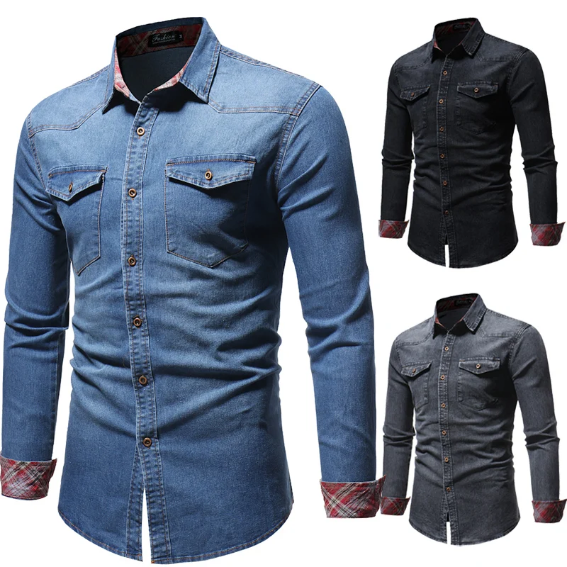 Мужская джинсовая рубашка, Повседневная рубашка с длинным рукавом для ...