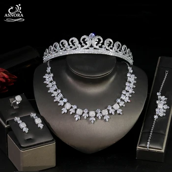 

ASNORA Fashion CZ Crystal Dubai Dubai Wedding Jewelry Set Ring Bracelet, Necklace, Earrings, Crown, Bridal Accessories T0861
