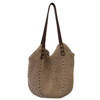 

Fashion ular Woven Bag Handmade Cotton Rope Reticulate Woven Shoulder Bag for Holiday/Beach(Brown)