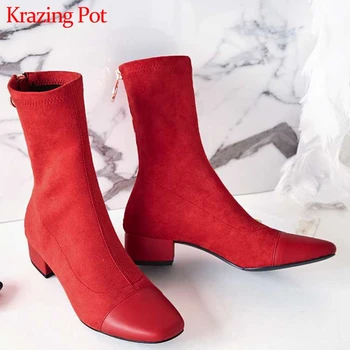 

Krazing pot cow leather European round toe plus size zipper med heel women elegant gentlewomen stretch fabric mid-calf boots L04