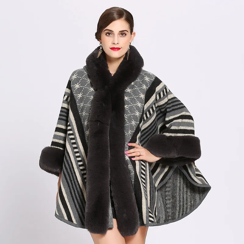 Gray imitation fur Осень и зима полосатый кардиган модная женская имитация меховой воротник из кролика Рекс с капюшоном вязаная шаль накидка 1305 - Цвет: Gray imitation fur