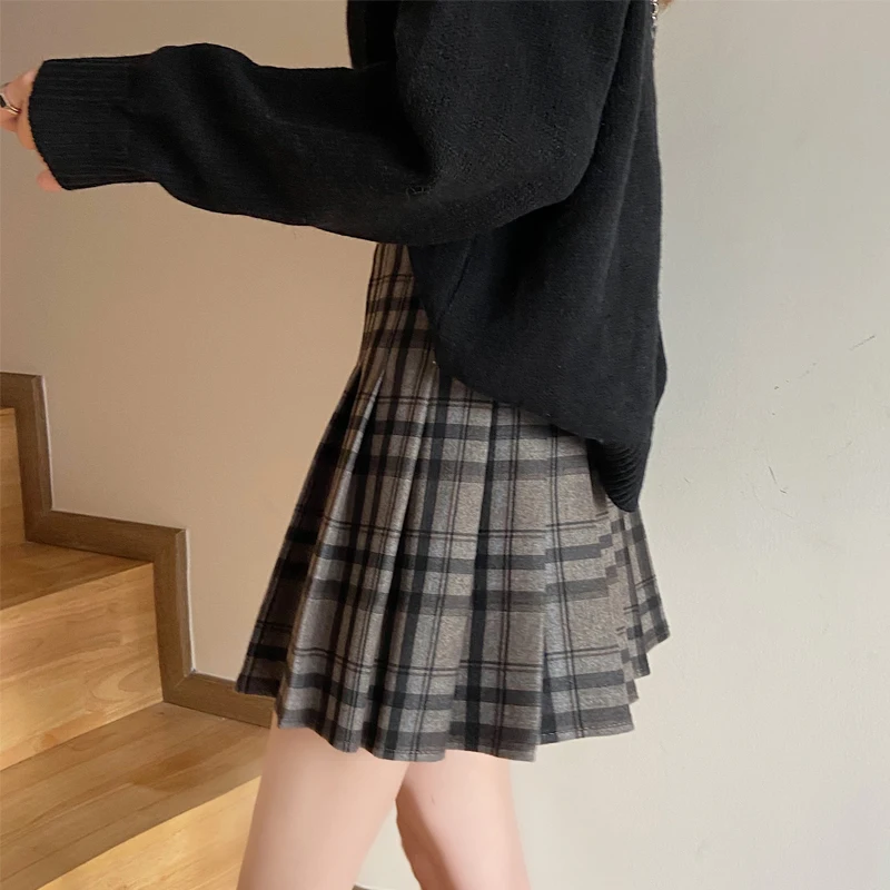 

High Quality Short Pleated Tennis Skirt Woolen Spring for Women Sexy Girls High Waist Plaid Tutu Women's Vintage Mini Skirts