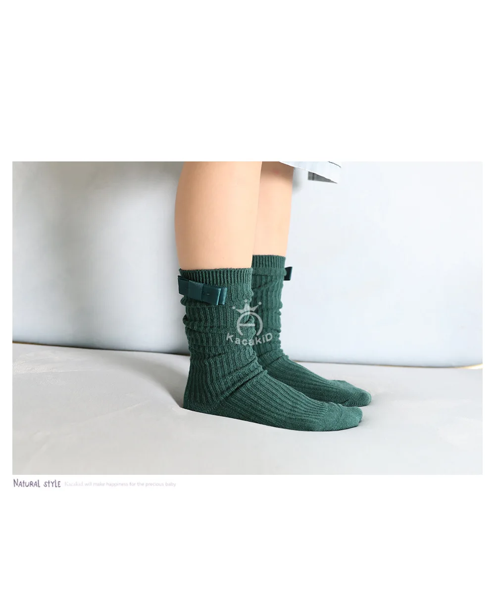 Spring New Style Children's Socks Girls Monochrome Vertical Striped Tube Socks Baby Bow Cotton Socks Dance Pantyhose Princess So