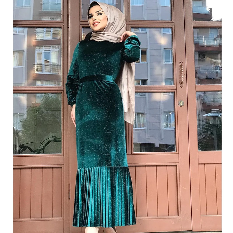 Черное мусульманское платье Abaya бархатное Плиссированное однотонное макси в