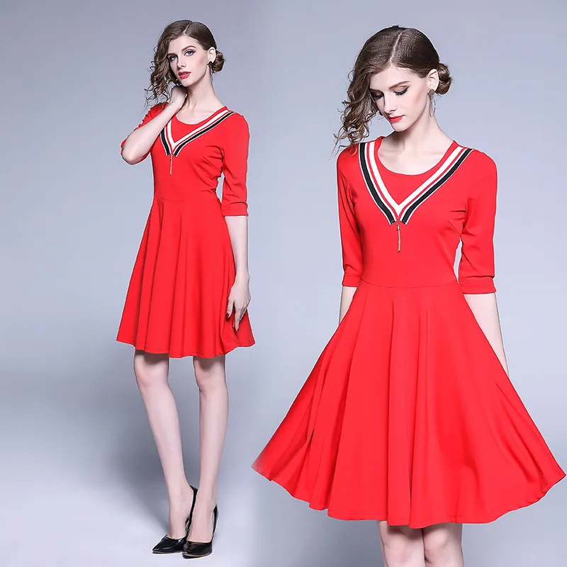 

Europe And America 2019 Spring New Style V-Shaped Contrast Color Stripes Pendant Crew Neck Three-quarter-length Sleeve Waist Hug