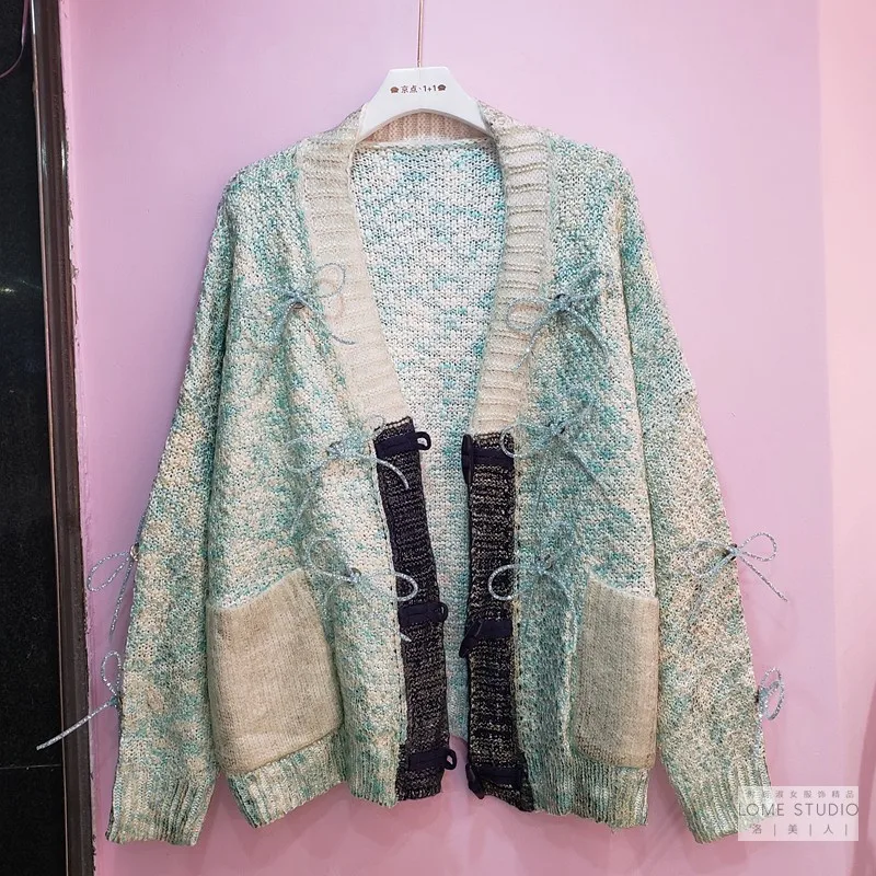 

Oversized Knitted Cardigan Coat Women Bow V Neck Bat Coat Lady Streetwear New Korean Long Sleeve Single Breasted Loose Sweater