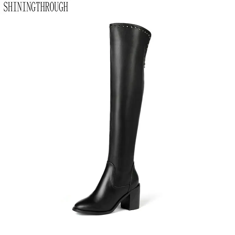 

Genuine Leather Over The Knee High Women Boots Zipper Fashion Spring Autumn Women Shoes Sexy Square High Heel Party Ladies Shoes