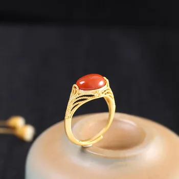 

S925 Sterling Silver Gold-plated Women's Red Agate Filigree Ring