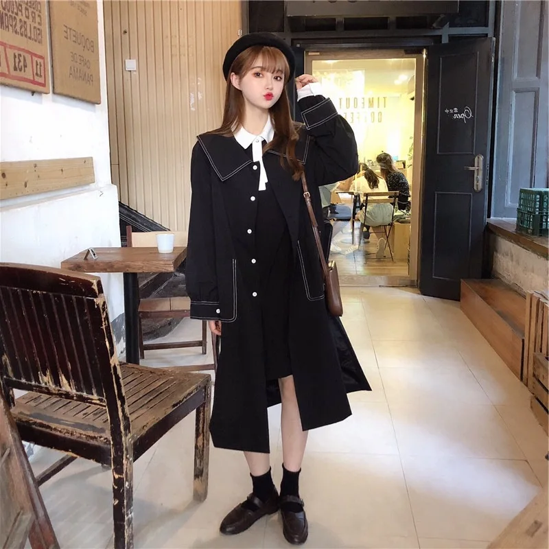 Fox Mrs. Autumn Clothing Loose-Fit Black And White with Pattern Trench Coat Women's Mid-length Short-height over-the-Knee Englan
