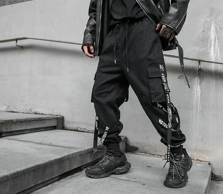 Уличная бегунов мужские черные повседневные шаровары с карманами и лентами Мужские штаны хип-хоп Длинные хлопковые брюки карго для мужчин