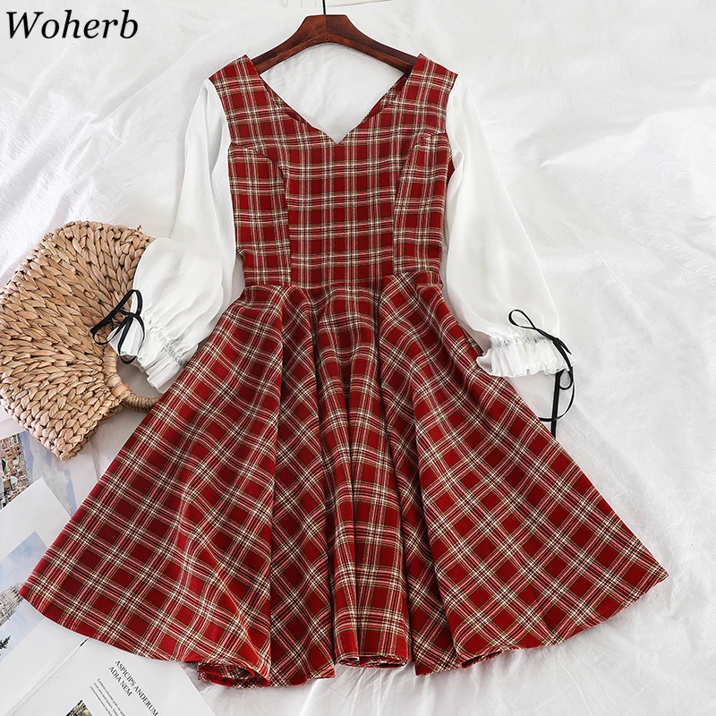 

Woherb Japanese Harajuku Plaid Dress Women Autumn Long Sleeve Lolita Style Student's Dress Sweet Kawaii Cute Vestidos Elegante