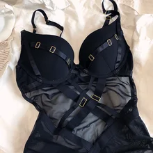 

FAKUNTN Sexy black gathered breasts bodysuit anti-sagging one-piece body shaping bra set perspective with steel ring lingerie