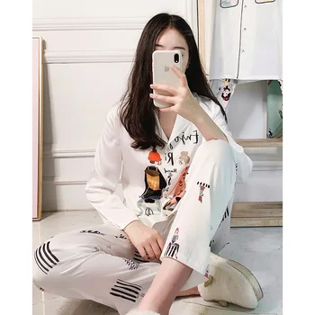

Women Pajamas Set Fashion Printed Full Sleeve Fresh Sleepwear Suit Female Turn-down Collar Trousers Lady Homewear Pijama Seda