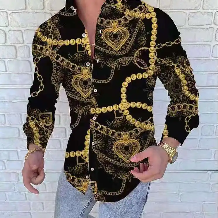 button up short sleeve shirts & tops Men's White Printing Gold Chain Shirt Long Sleeve Printing Button Shirt Hawaii Lapel Casual Slim Party Shirts Male Dress Shirt men's linen short sleeve shirts & tops