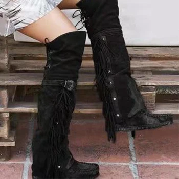

Women High Boots Knee Woman Vintage Tassel Flat Comfort Long Boots 2020 Ladies Suede Leather Autumn Winter Shoe Plus Size 34-43