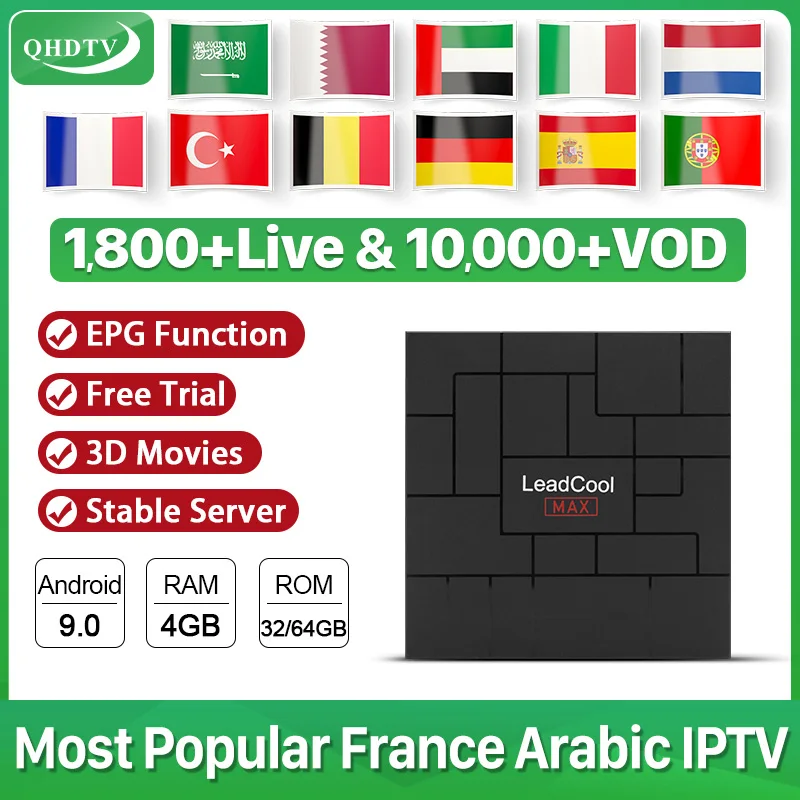Leadcool MAX IP tv французский арабский голландский бельгийский IP tv подписка QHD tv для Smart tv Android 9,0 IP tv коробка голландский Algeria IP tv