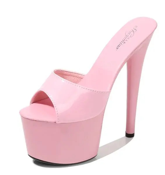 Размеры 34-43; новые летние шлепанцы; разноцветная пикантная женская обувь из лакированной кожи на очень высоком каблуке 17 см и платформе - Цвет: Розовый