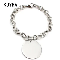 Women Fashion Bracelets Jewelry Accessories Bangles Chain Link Bracelets with Round Engravable Laser Logo/Name Charm Pendant 1