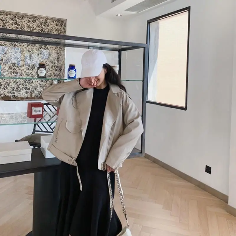 

2019 Fall Winter Loose Cool Lady Pu Leather Jacket Korean Female Zipper Faux Femme Outwear Coat High Street Plus Size Women