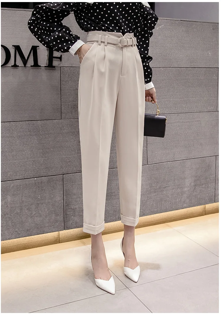 2021 New Spring Korean OL Style Women  Pants with Belt High Waist Formal Elegant Office Lady Ankle-Length Pants plus size white harem pants