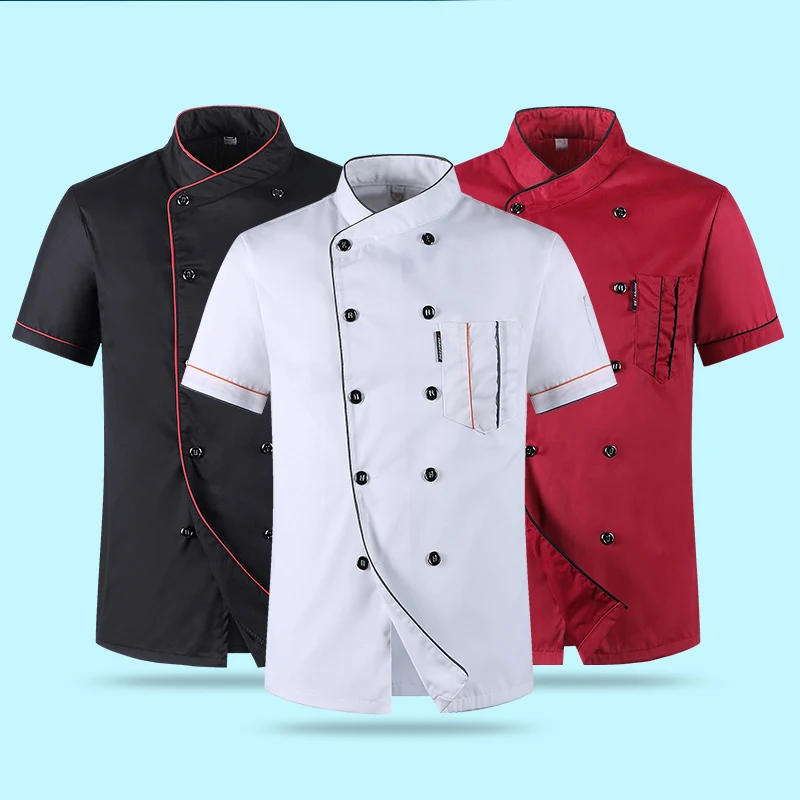 Men Women Mandarin Collar Double Breasted Short Sleeve Chef Coat Uniform Red 