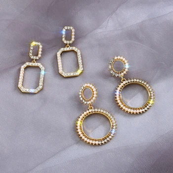 

Luxury Female Imitation pearls Drop Earrings Fashion Wedding Jewelry Double Round Crystal Zircon Earrings For Women