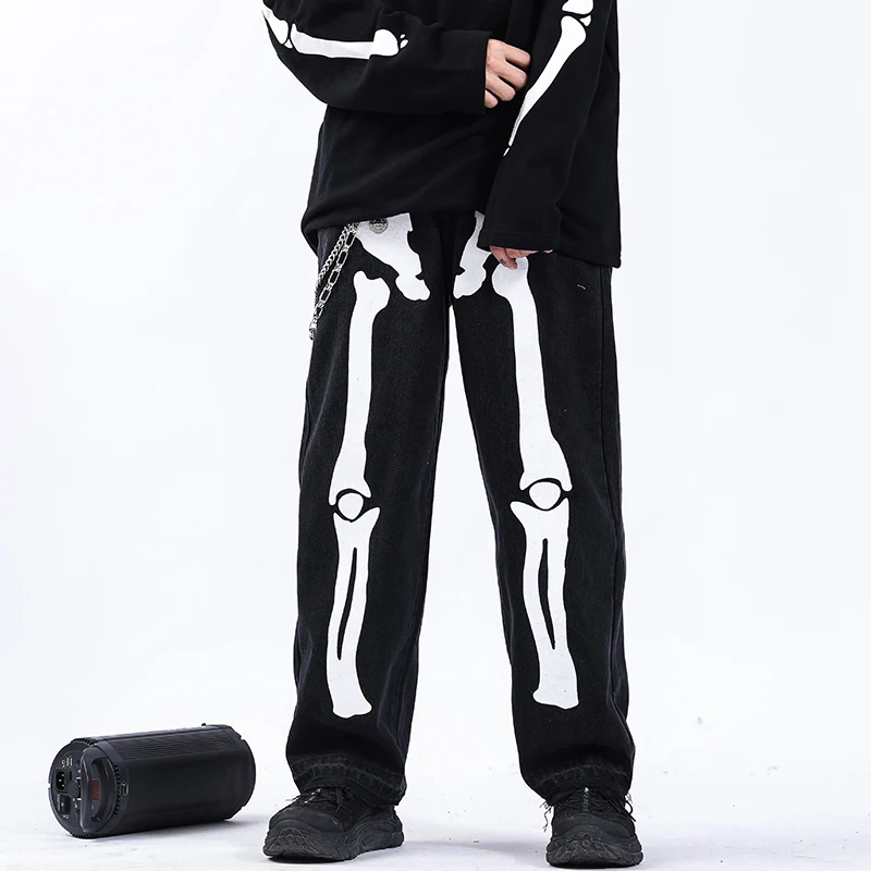 Reflective Skeleton Print Black Jeans 