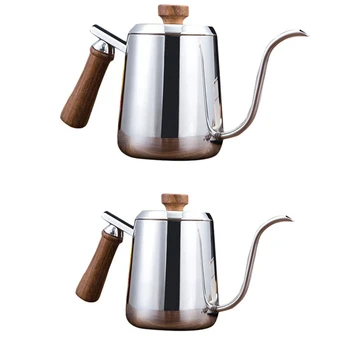 

2 Pcs Stainless Steel Swan Hand Fine Mouth Pot Wooden Handle Fine Mouth Coffee Pot-350ml & 600ml