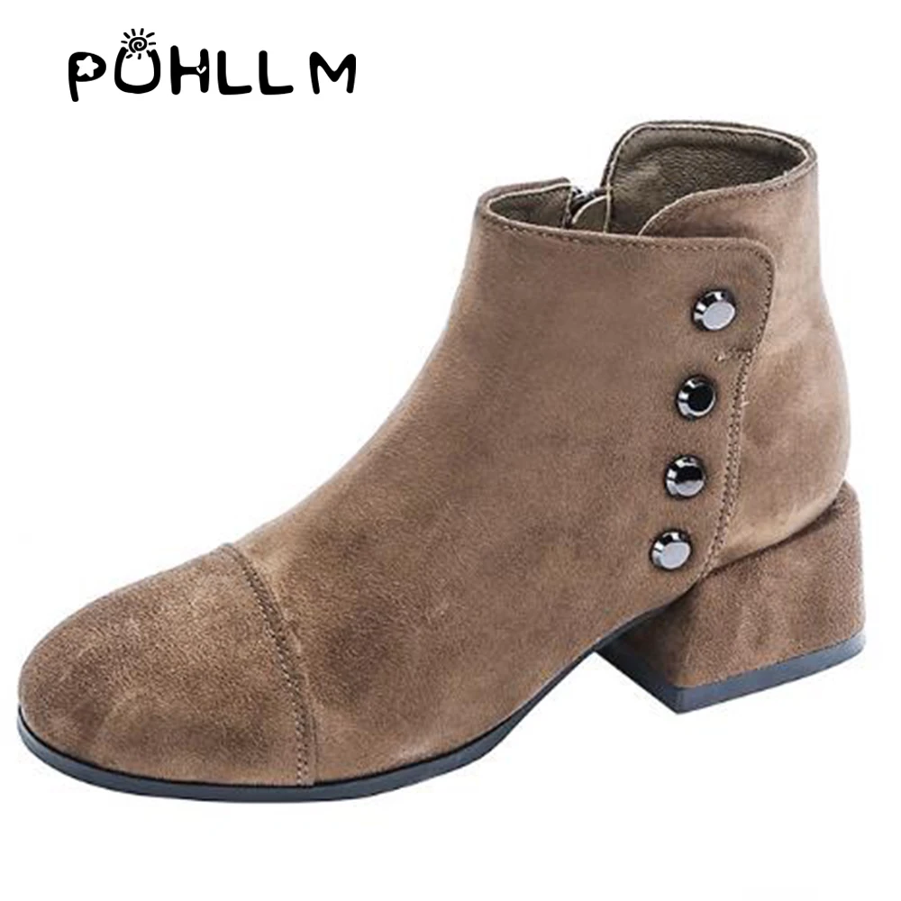 

PUHLLM Martin Boots Thick-soled Booties Female with 2019 autumn and winter new plus velvet short tube square boots bare bootsF41