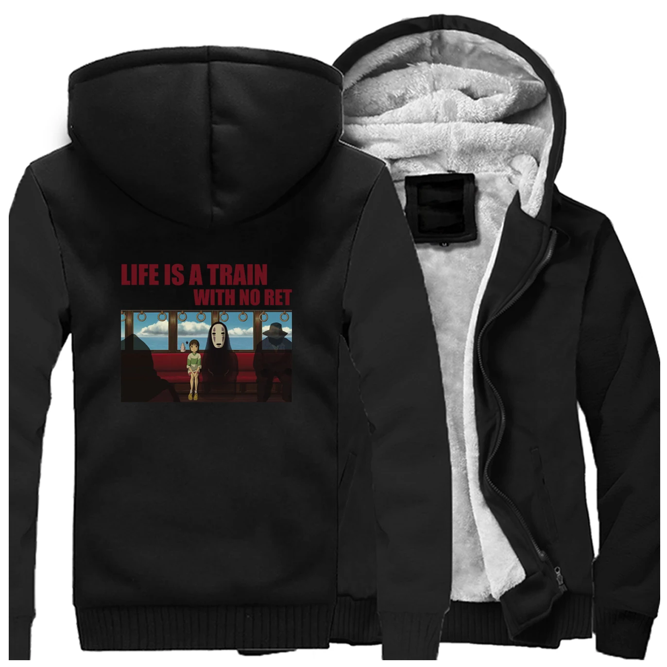 men Japanese anime No Face man print raglan hooded hoodie plus velvet thick coat autumn winter streetwear zipper sweatshirt - Цвет: Black