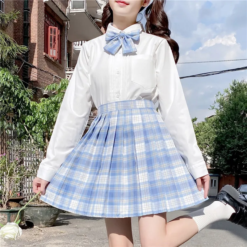 Compre Harajuku japonês conjunto de três peças xadrez mini saia feminina  uniformes escolares saia a linha doce cintura alta feminino kawaii ternos e  conjuntos (camisa + arco + saia)