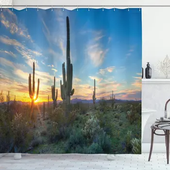 

Sun is Setting Between Cactus Plants with Spines Noon Landscape Wild Design, Cloth Fabric Bathroom Decor Set with Hooks